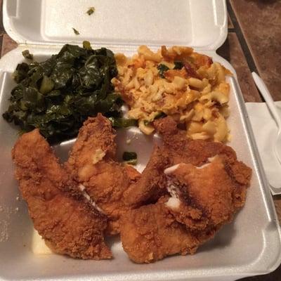 Fried tilapia, Mac n cheese, an greens!