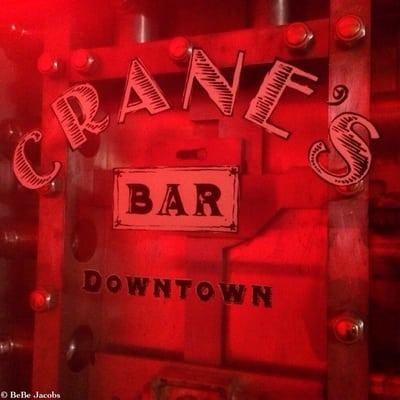 Bank vault door frame at the entrance of Crane's Bar.