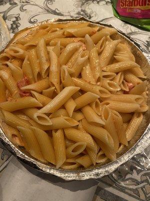 Penne Vodka, very lil sauce, no garnish (I have received this dish in other places -pizza shops at that, w/ a sprinkling of cheese or basil)