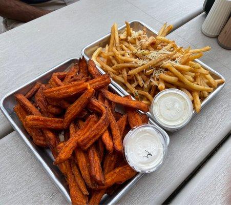 Sweet potato fries and garlic fries