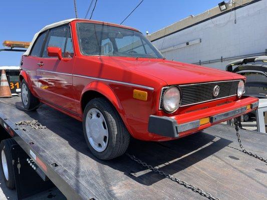 Red VW Rabbit Ready for the film set. here at Canoga Auto Works Autobody Repair Shop Auto Collision Repair Body Shop Car Paint