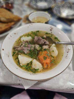 Shurpa (clear beef broth soup with veggies)