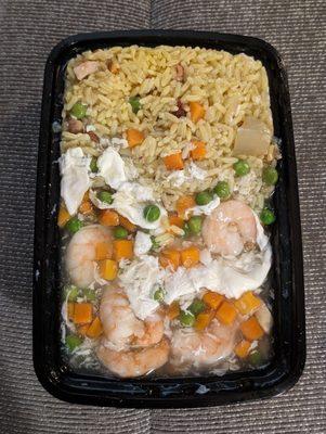 Shrimp with lobster sauce on roasted pork fried rice