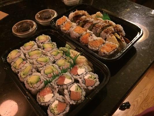 Philly roll, California rolls, sweet potato roll and a shrimp tempura roll. So good!!!