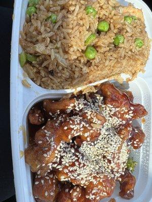 This is Sesame Chicken Combo With shrimp fried rice the shrimp fried rice is extra charge absolutely delicious .