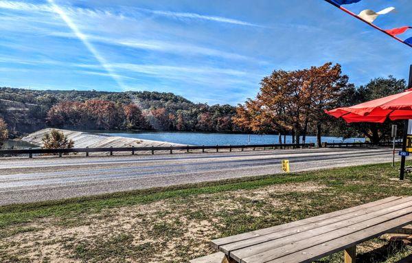 View from the picnic tables overlooking the Ingram Dam and Guadalupe River.