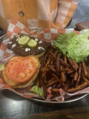 Nashville hot chicken sandwich with sweet potato fries