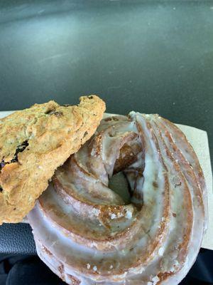 Classic cruller and gluten free cherry chocolate scone.