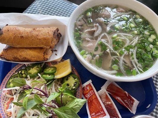 Egg rolls and beef pho