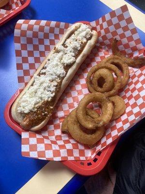 Foot Long Hot Dawg with Onion Rings.