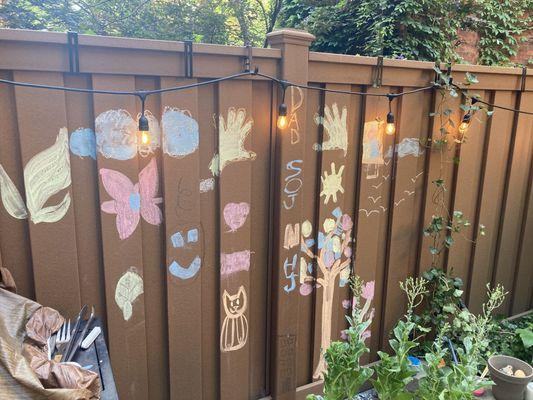 The back of our fence, in the neighbor's yard, where their kids have fun with it.