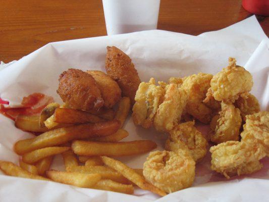 some of the shrimp basket with local shrimp; fries and hush puppies