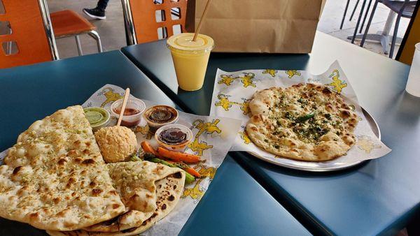 Bread service, jalapeno Naan, mango lassi