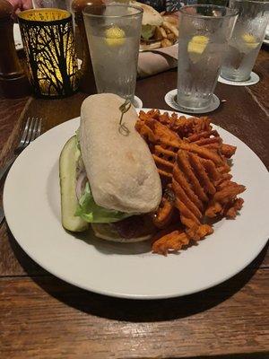 Chicken sandwich and sweet potato fries