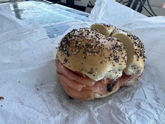 Double lox bagel sandwich. Fresh lox and lox spread combo with tomato, capers, and onions.