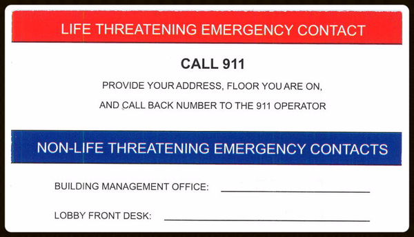 Contact cards with emergency and non-emergency contact information. Excellent for tenants of large buildings