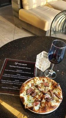 CIAO GRAZIE PIZZERIA WINE BAR in Scottsdale Spring Seasonal Menu Steak-Pesto-Mozzarella Flatbread Appetizer.