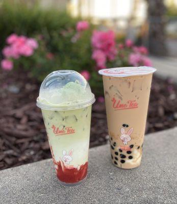 Strawberry Matcha Fresh Milk Tea & Ume Signature Boba Black Milk Tea Boba