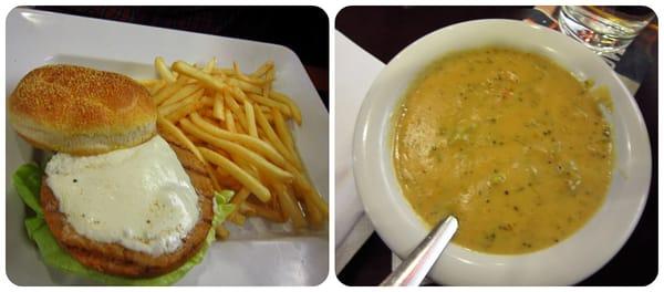 Veggie Burger and Broccoli Cheese Soup