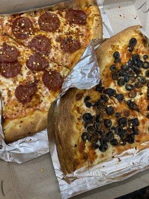 Pepperoni Pizza by the Slice and Cheese Pizza by the Slice with olives