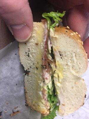 This is their $7.75 bagel sandwich rip-off.Just one small piece of meat and no cheese. I almost thought they forgot the meat by accident