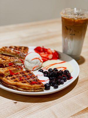 Berries Farm Waffle with Butterfly Pea Vanilla iced latte | @_oohmesohungry