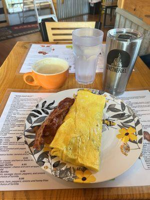 Cheesesteak Omelette with a bacon upgrade. Added a Flat White latte for fun.