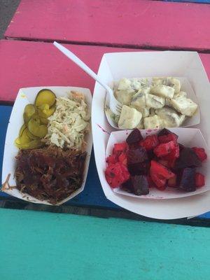 Pulled pork, slaw, beets and potato salad