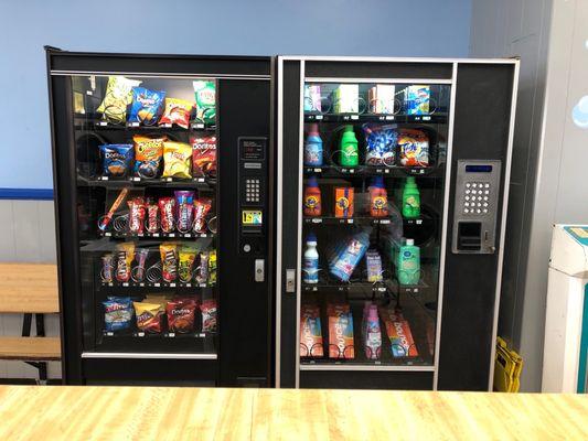 Snacks and supplies available in the vending machines.  There is cold beverage vending machine available too.  It's on the other end.