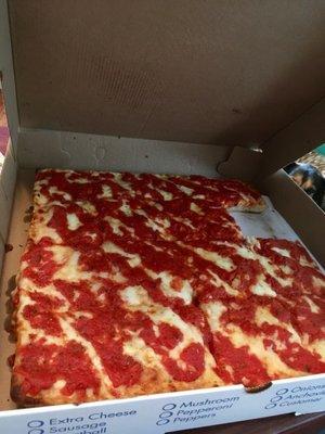 AMAZING Sicilian pizza (w/ extra sauce) made the proper way w/ the sauce on top!