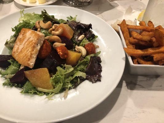 Beet and goat cheese salad with salmon and sweet potato fries!