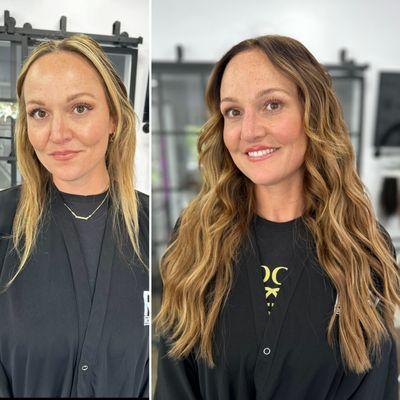 Before and after two rows of 18" NBR hair extensions IBE invisible bead extensions