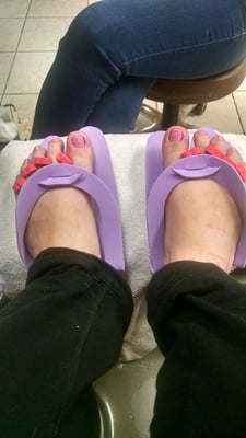 I have horrible feet so just ignore them. She did a good job on my toes' nails.