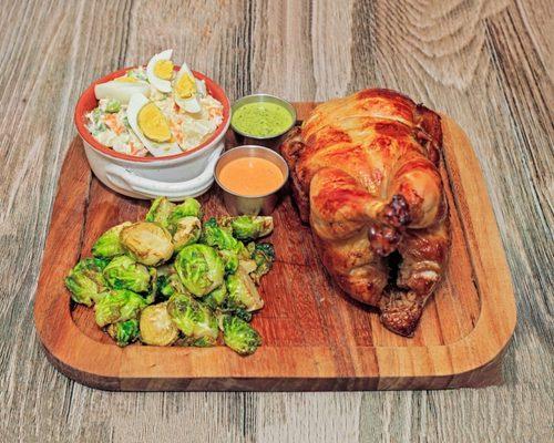 Whole Chicken
Ensalada Rusa (Potato Salad) and Brussels  Sprouts.