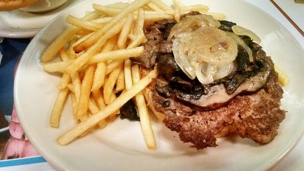 Portobello Swiss burger and fries. Meat was dry as a bone.