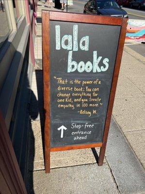 Sign outside of lstore, with quote "That it the power of a diverse book; You can change everything for 1 kid and create empathy for 100 more