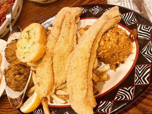 Fried catfish, stuffed eggplant