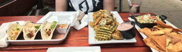 Fish tacos, Pesto Fries, Platter - Hot Spinach & Artichoke Dip