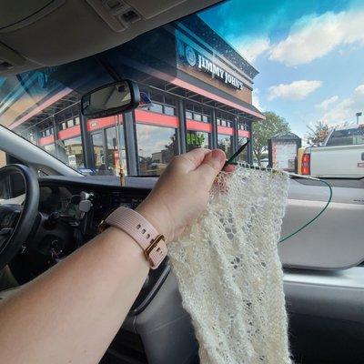 Knitting while we wait in the drive through