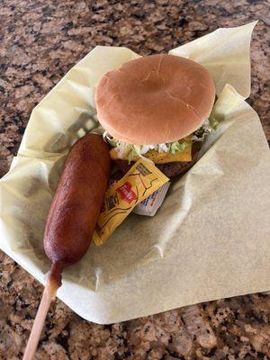 Corn dog and single cheeseburger