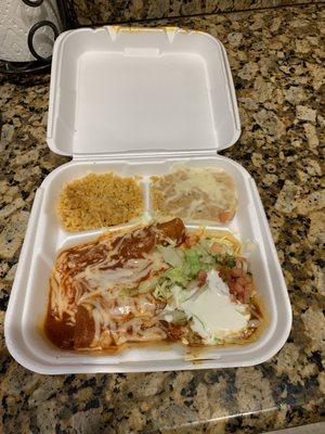 Cheese enchiladas dinner, really good flavor! I love the beans too!