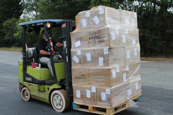 When we receive our orders in bulk we like to use our own forklift. In this specific order, we collected Young Vision Disinfectant Wipes.