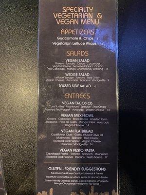 Vegetarian vegan menu