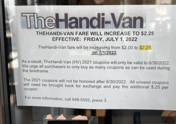 New Handi-Van fare increase price effective 7/1/22