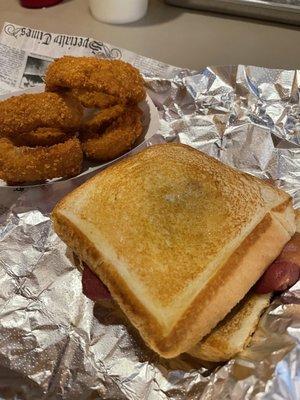 Jam burger and onion rings.