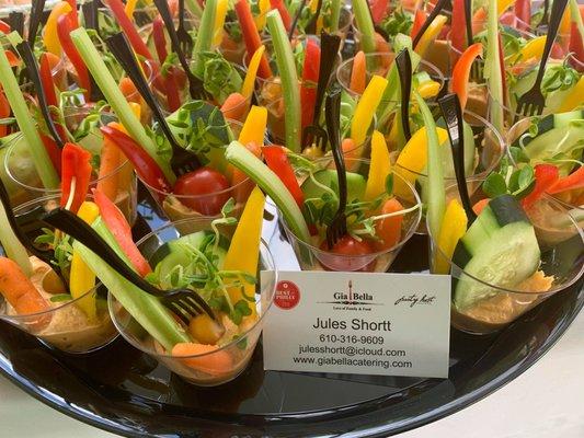 Covid appropriate Crudité Red Pepper Hummus Cups