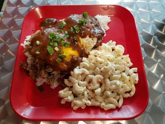 Half n half moco loco (1 burger patty and 1/2 serving kalua pork) on rice with 2 over easy eggs n gravy, plus macaroni salad. YUM!