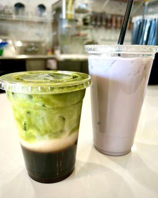 Matcha coffee, taro milk tea