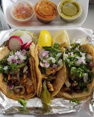 Left to right; chipotle chicken, chicken and shrimp, steak tacos