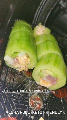 This is a special type of keto friendly sushi called the aloha roll or the cucumber roll. No rice, less carbs.